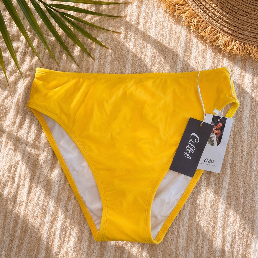 Cillet Womens High Waisted Bikini Bottoms Yellow Solid High Cut Swim Size XL NEW